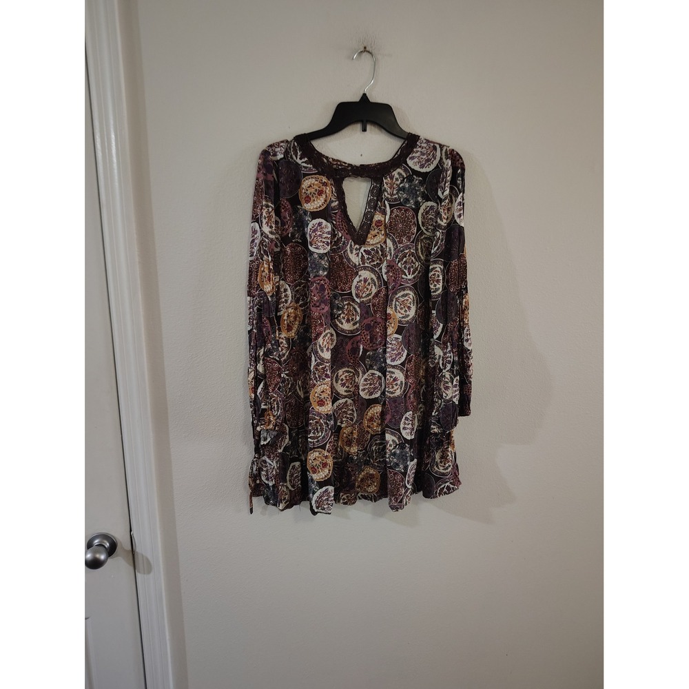 Umgee USA Medallion Print Crochet Trim Keyhole Tunic Top Mini Dress Purple Large